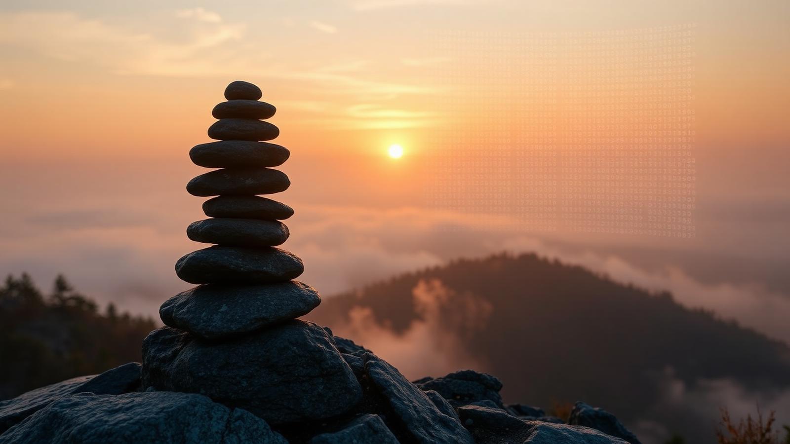 Zen stones at sunrise with floating data